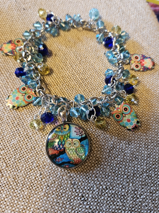 Handcrafted Jewelry - Owl Cha Cha Charm Bracelet - Blue & Yellow Beaded Women's Bracelet